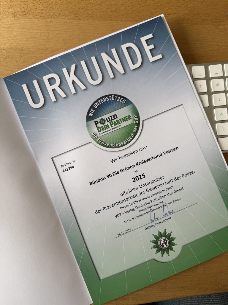 Bündnis 90/Die Grünen Kreisverband Viersen unterstützen die Präventionsarbeit der Polizei